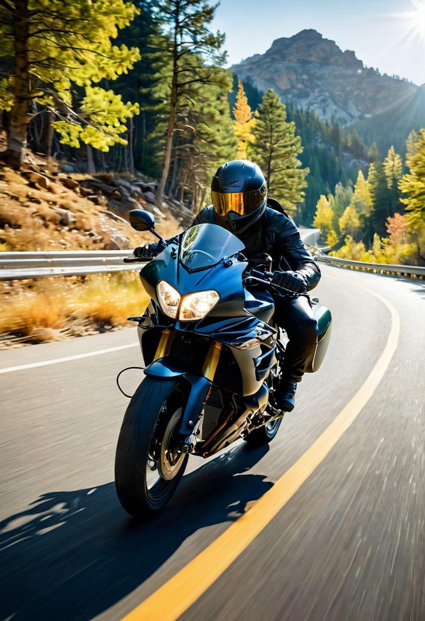 A dynamic motorcycle speeding along a winding road, surrounded by breathtaking mountain scenery, with a rider experiencing pure joy and thrill. The scene captures motion blur to convey speed, bright sunlight filtering through trees, and an exuberant atmosphere. Include elements such as a helmet with an expressive design and a sense of freedom and adventure. super-realistic. vibrant colors. dramatic lighting.