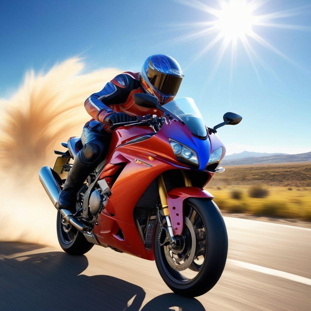 A dynamic scene showcasing a powerful sports motorcycle racing down an open road, windswept landscape in the background. Vivid expressions of joy and excitement visible on the rider's face, showcasing adrenaline and thrill. Include blurred motion effects to emphasize speed and energy. Bright blue sky and sun rays enhancing the vibrant colors of the motorcycle. super-realistic. vibrant colors. 3D.