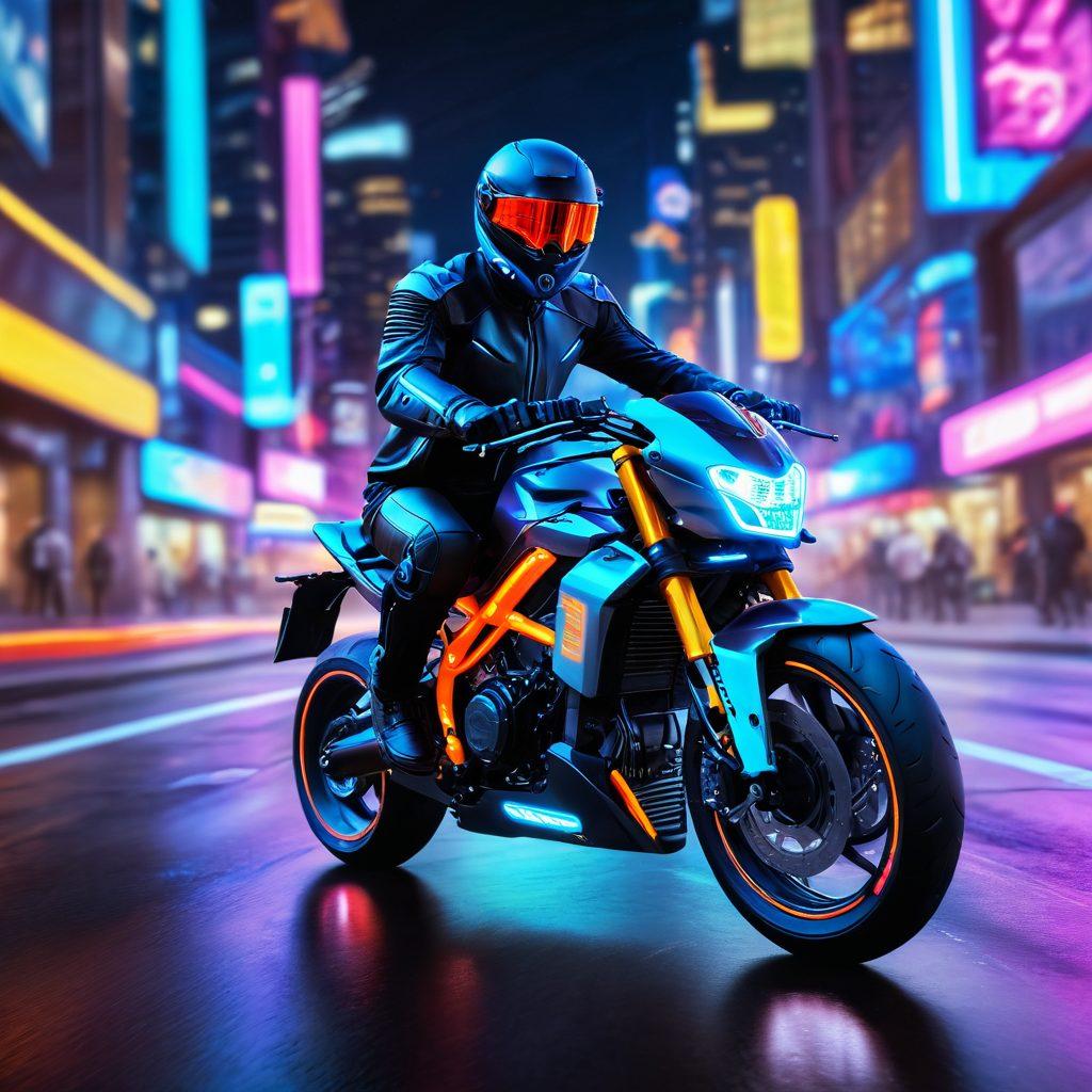 A futuristic motorcycle zipping through a vibrant cityscape, illuminated by neon lights, showcasing dynamic motor technology with visible energy pulses and motion. Include a smiling rider in sleek riding gear, surrounded by a sense of speed and freedom. Create a contrast between the sleek bike and the dynamic urban background, emphasizing innovation and excitement. cyberpunk. super-realistic. vibrant colors.